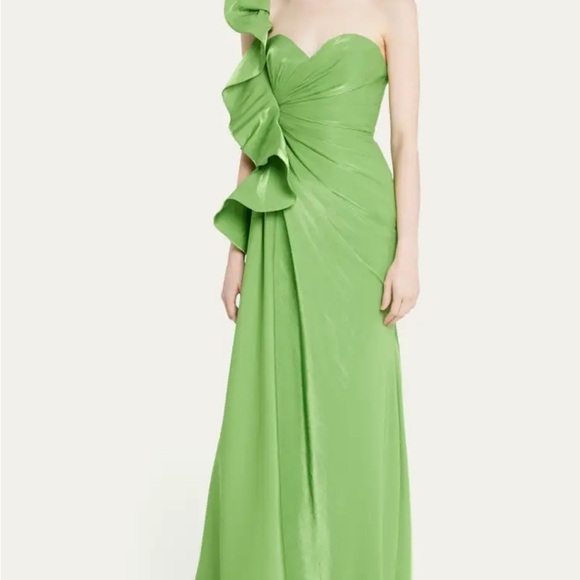 NWT Green Badgley Mischka Botanical Formal One Shoulder Ruffle Gown NEW - Picture 11 of 14